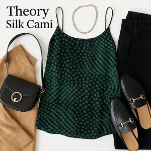 Theory 100% Silk Green Dot-Print Lined Camisole Top Spaghetti Straps Size P/XS